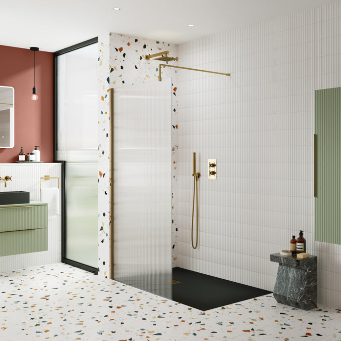 Nuie FLUTED Brushed Brass Wetroom Screen 8mm
