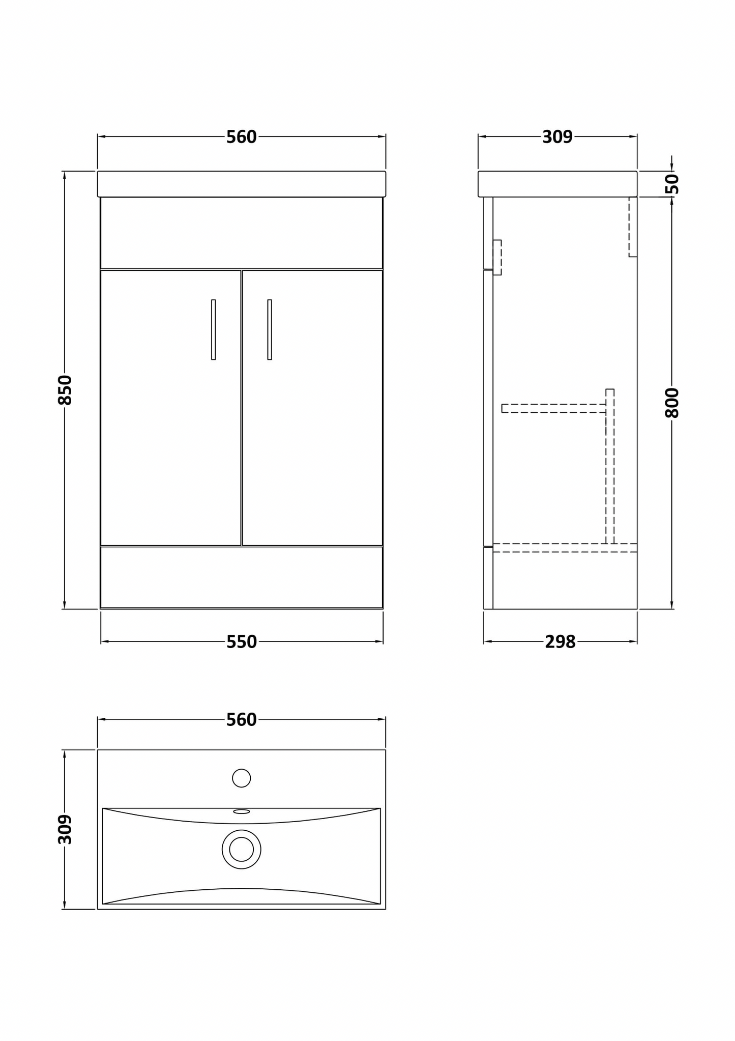 Nuie Turin Compact 550mm 2 Door Unit & Basin Floor Standing