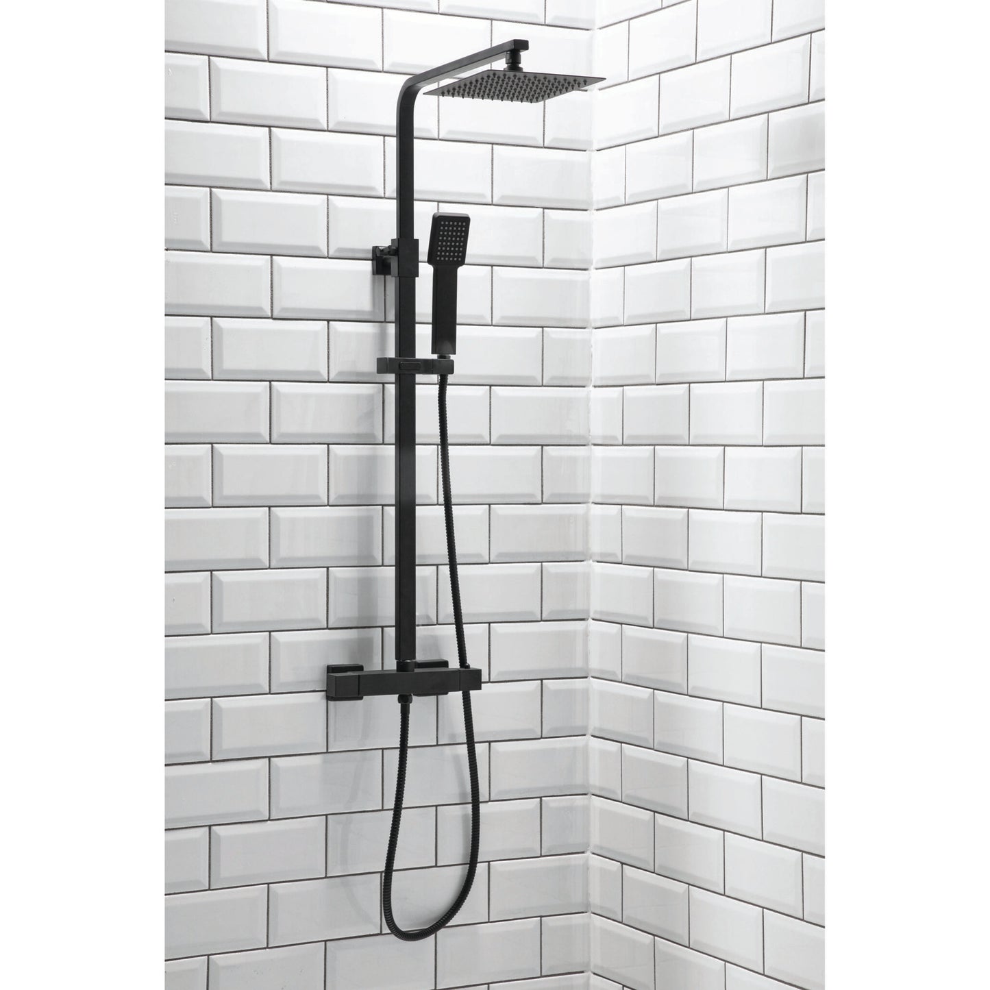 Scudo Elliot Square Black Thermostatic Exposed Bar Shower with Ultra Slim Overhead Drencher and Sliding Handset