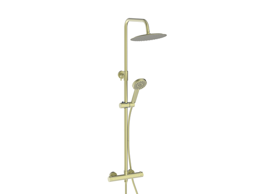 Scudo Serena Round Brushed Brass Thermostatic Exposed Bar Shower with Ultra Slim Overhead Drencher and Sliding Handset