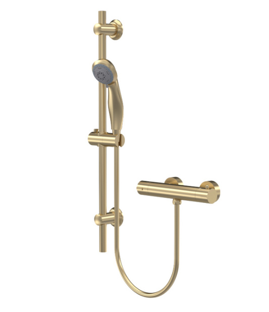 Nuie VBS828K Round Brushed Brass Bar Shower with Adjustable Slide Rail Kit