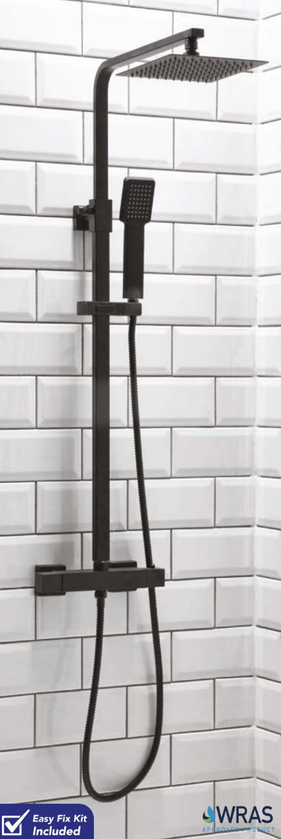 Scudo Lunar Square Black Thermostatic Exposed Bar Shower with Ultra Slim Overhead Drencher and Sliding Handset