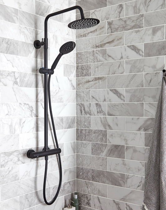 K Vit Nero Round Option 1 Thermostatic Exposed Bar Shower with Ultra Slim Overhead Drencher and Sliding Handset