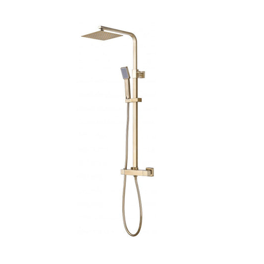 Scudo Elliot Square Brushed Brass Thermostatic Exposed Bar Shower with Ultra Slim Overhead Drencher and Sliding Handset