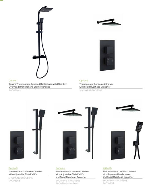 Nero Option 4 Thermostatic Concealed Shower with Adjustable Slide Rail Kit and Fixed Overhead Drencher