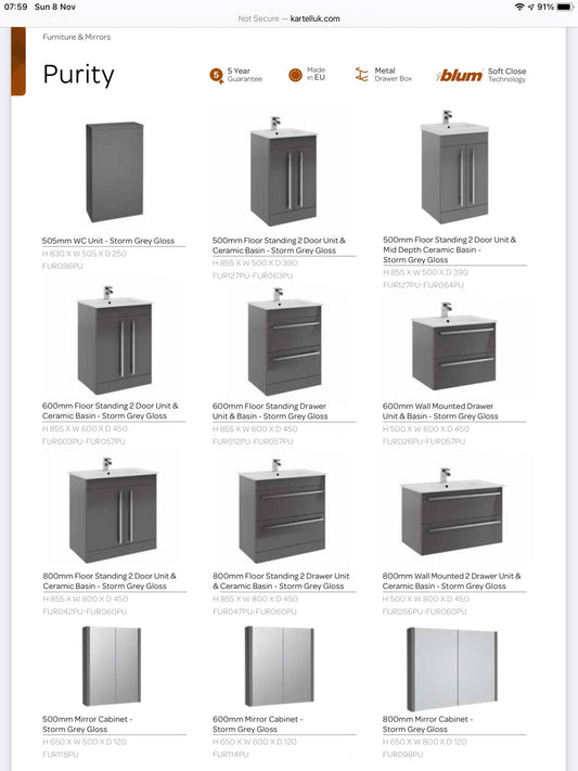 Purity 600mm Floor Standing 2 Door Unit & Ceramic Basin - Gloss Grey