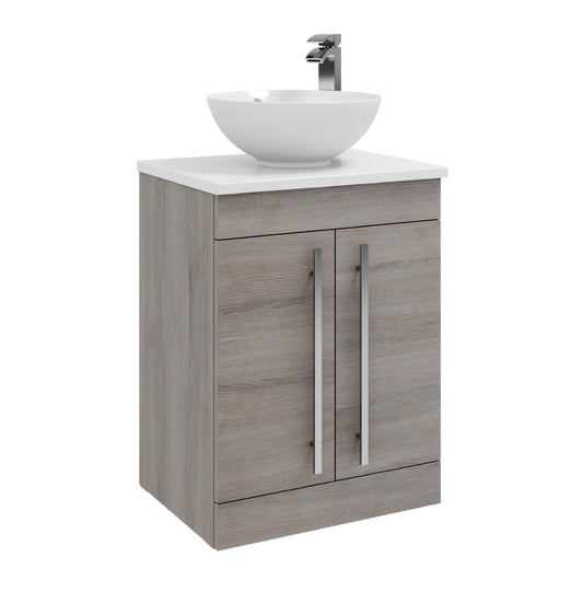 600mm Floor Standing 2 Door Unit with Ceramic Worktop & Sit On Bowl - Purity Silver Oak Excluding Tap