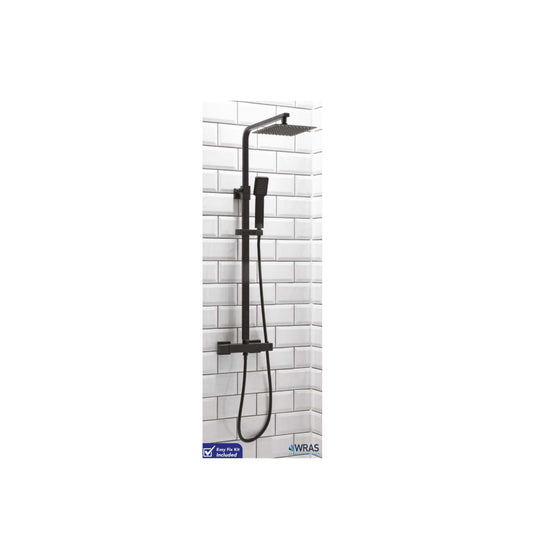 Scudo Lunar Square Black Thermostatic Exposed Bar Shower with Ultra Slim Overhead Drencher and Sliding Handset