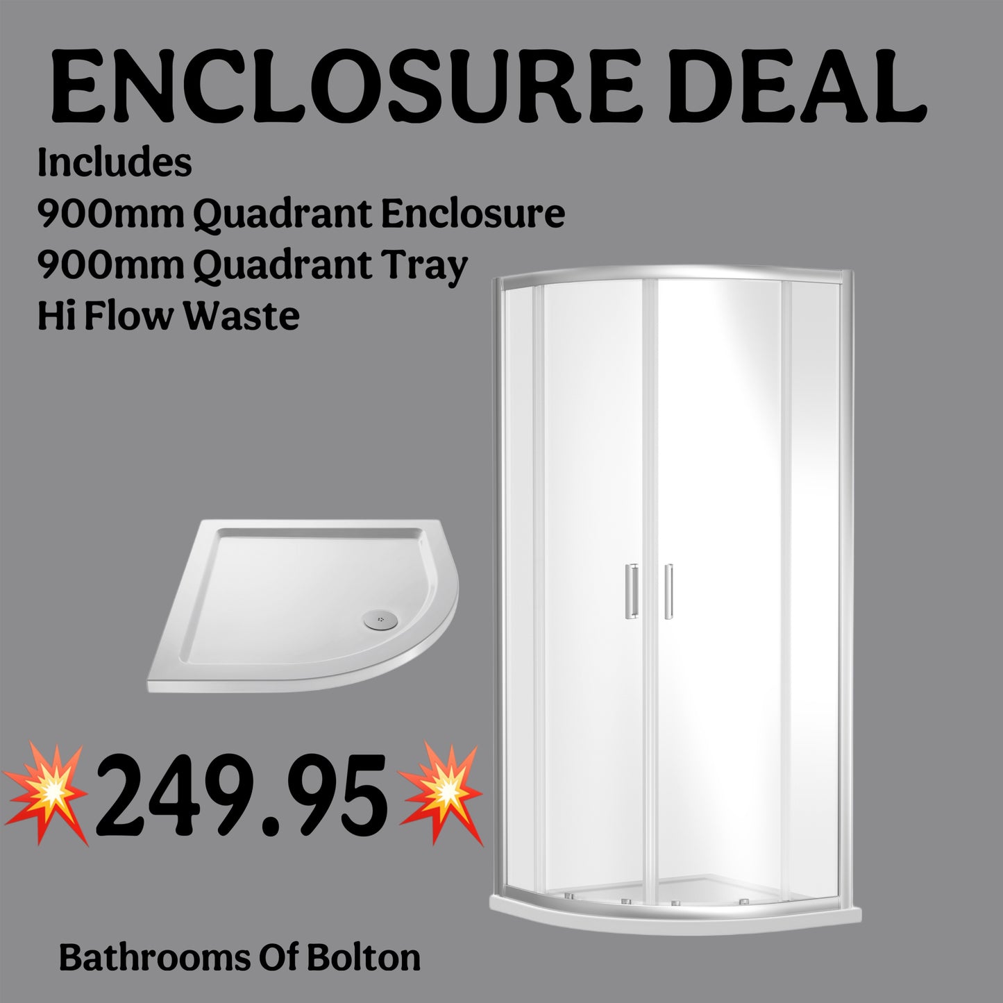 Nuie 900mm Chrome Enclosure includes Tray And Waste