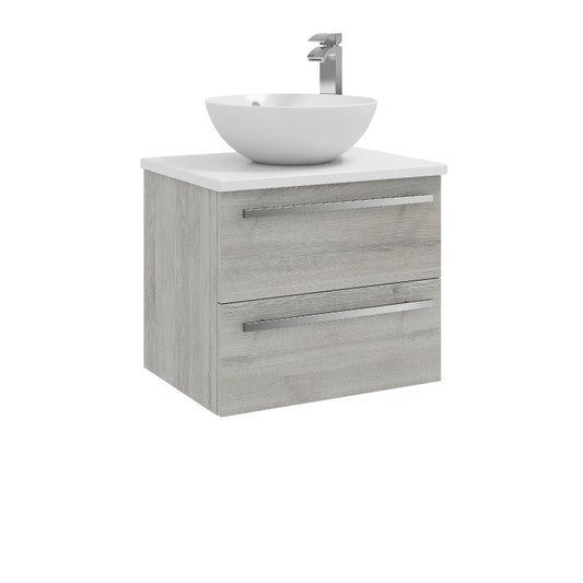 600mm Wall Mounted 2 Drawer Unit with Ceramic Worktop & Sit On Bowl - Purity Grey Ash Excluding Tap