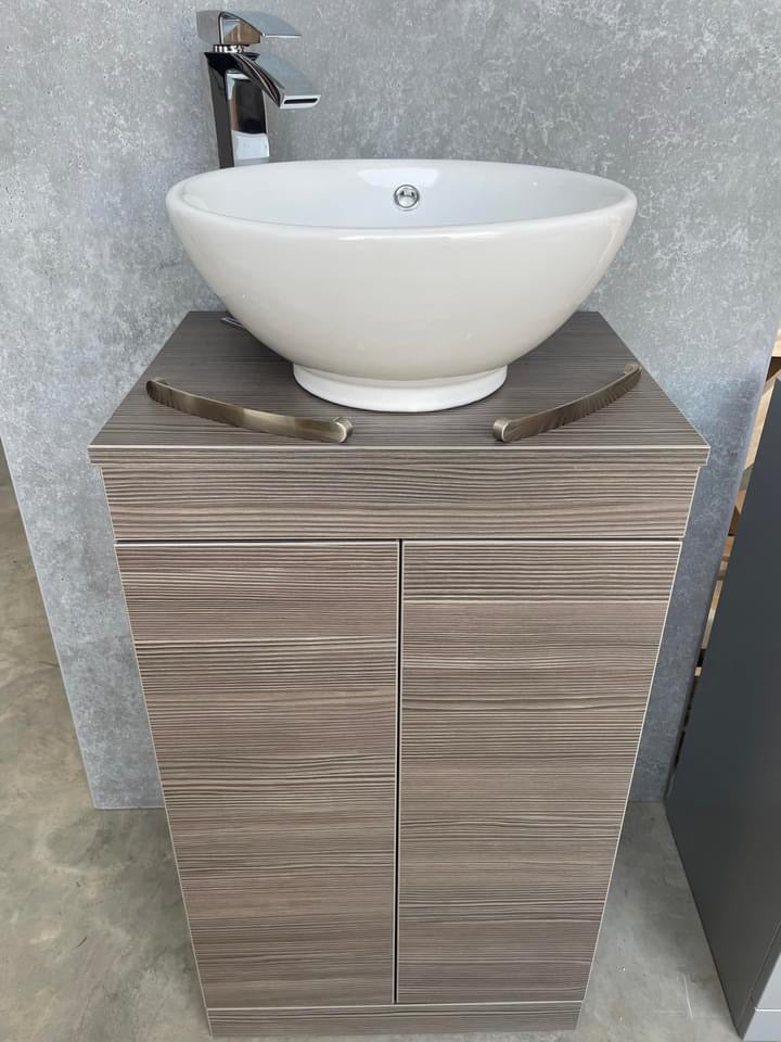 Athena brown grey avola 500mm cabinet and worktop by Nuie including bowl, hi-rise basin mixer and waste