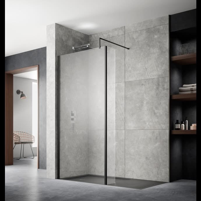 800mm wetroom glass with 200mm return panel black