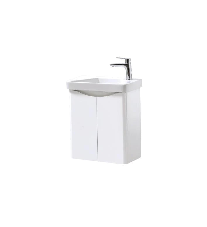 Arc 500mm Wall Mounted Cloakroom 2 Door Unit & Ceramic Basin - H600xW500xD290