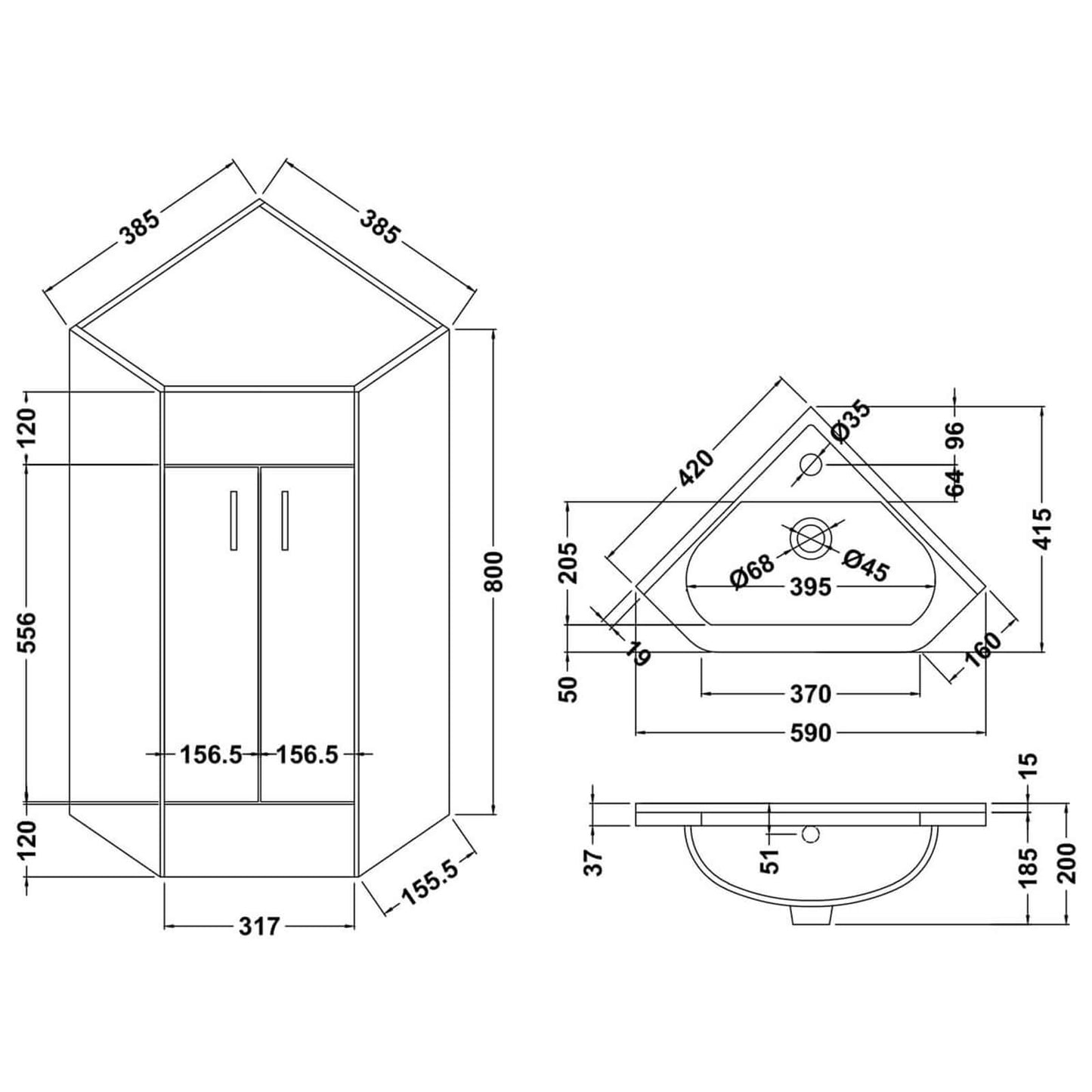 Mayford 1 Door Corner Cabinet & Basin