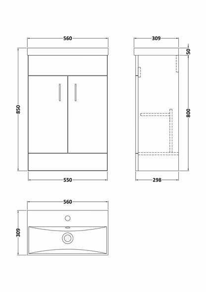 Nuie Turin Compact 550mm 2 Door Unit & Basin Floor Standing