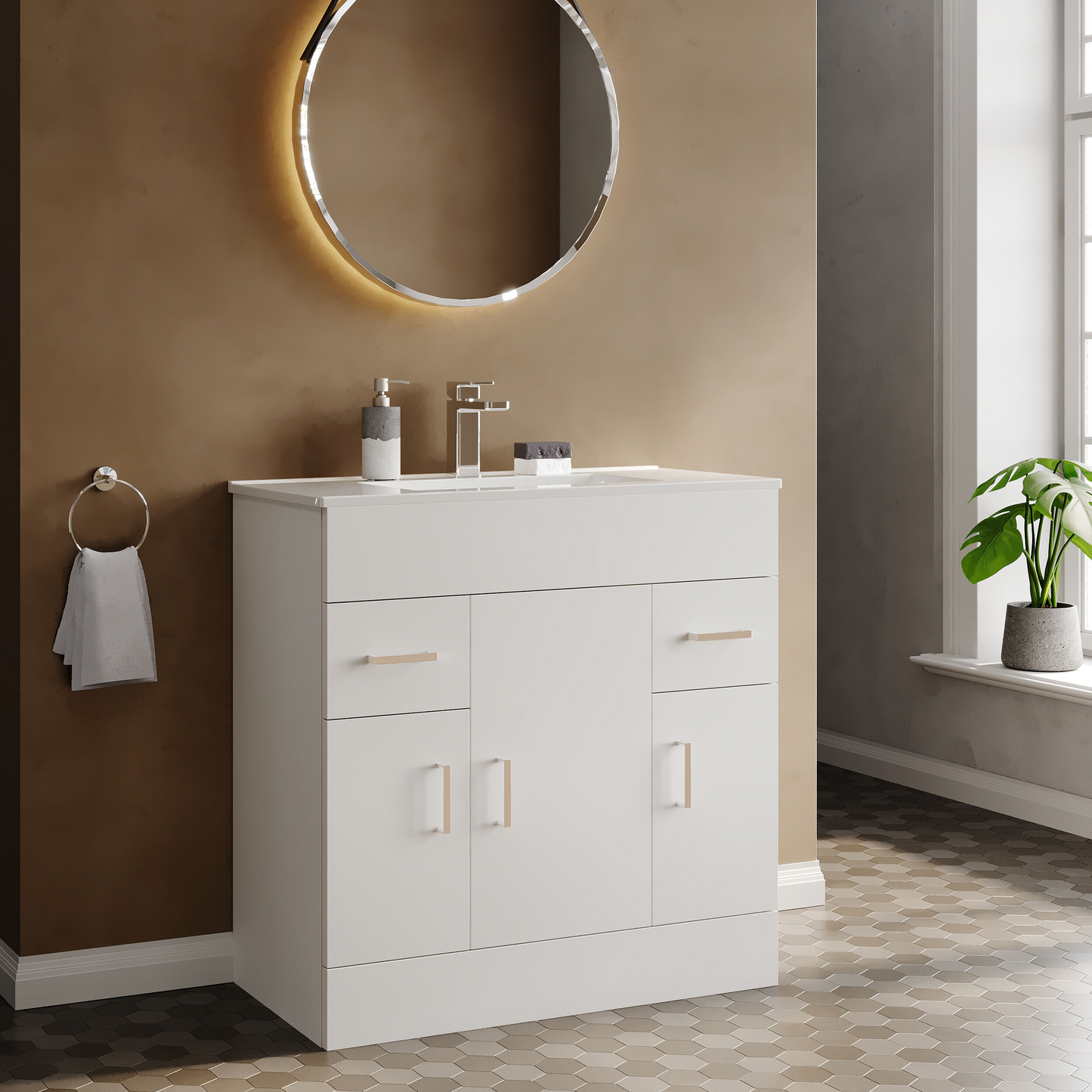 Nuie Turin 3 Door, 2 Drawer Unit & Basin Floor Standing Gloss White