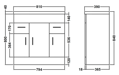 Nuie Turin 3 Door, 2 Drawer Unit & Basin Floor Standing Gloss White