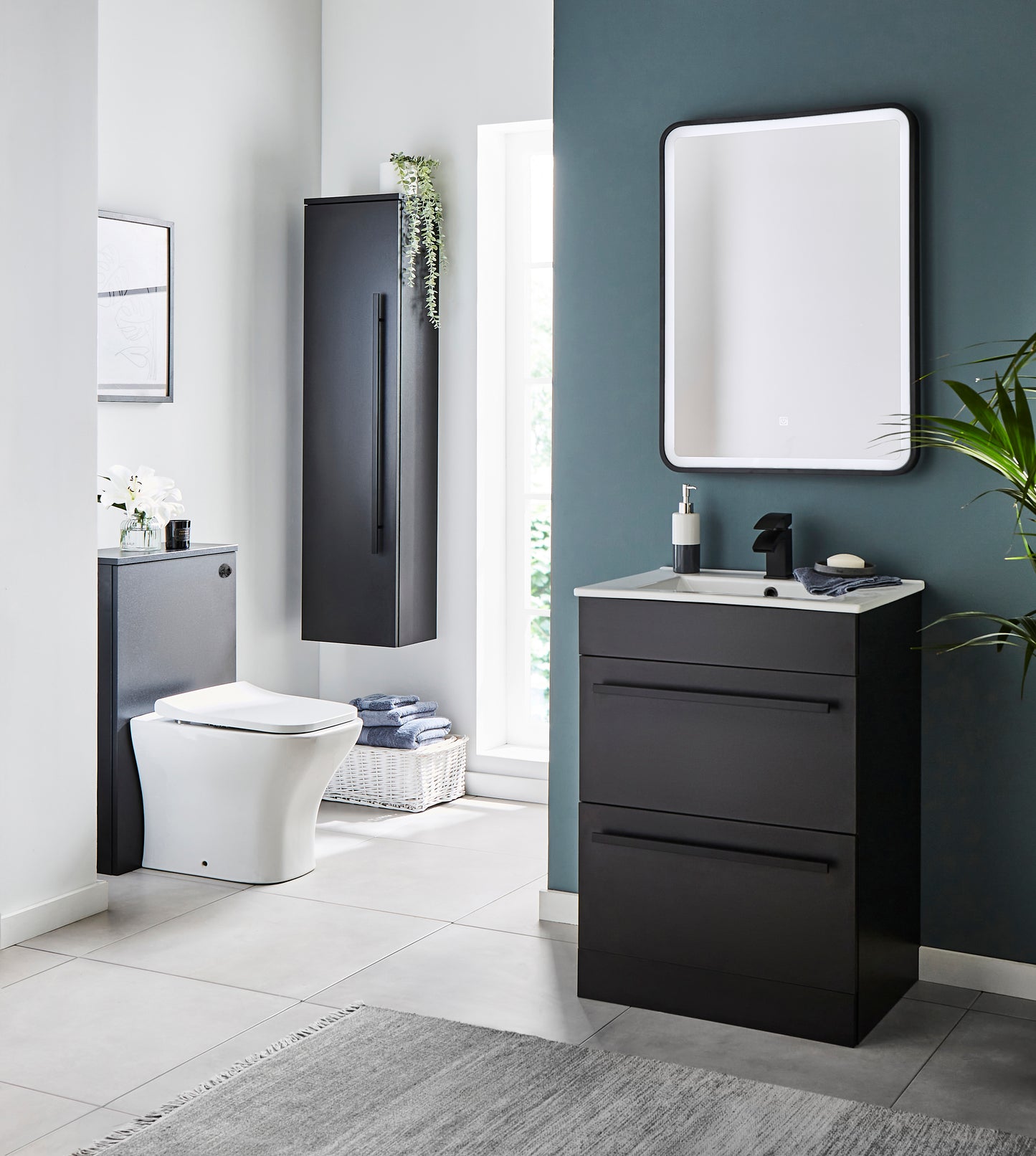 600mm Floor Standing 2 Drawer Unit & Ceramic Basin - Purity Nero