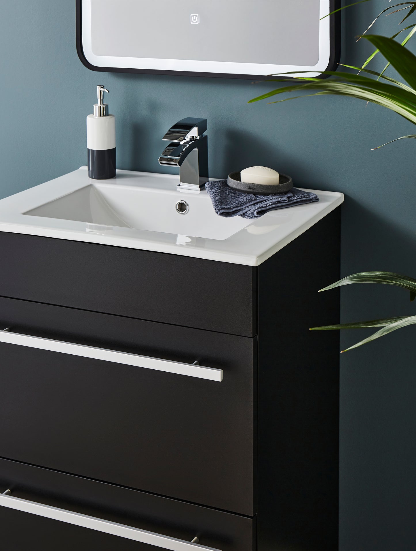 600mm Floor Standing 2 Drawer Unit & Ceramic Basin - Purity Nero