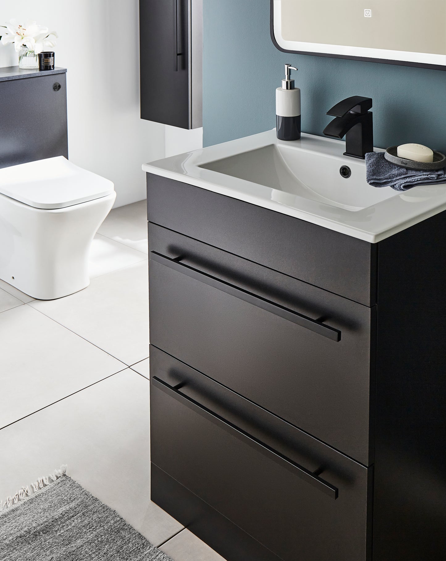 600mm Floor Standing 2 Drawer Unit & Ceramic Basin - Purity Nero