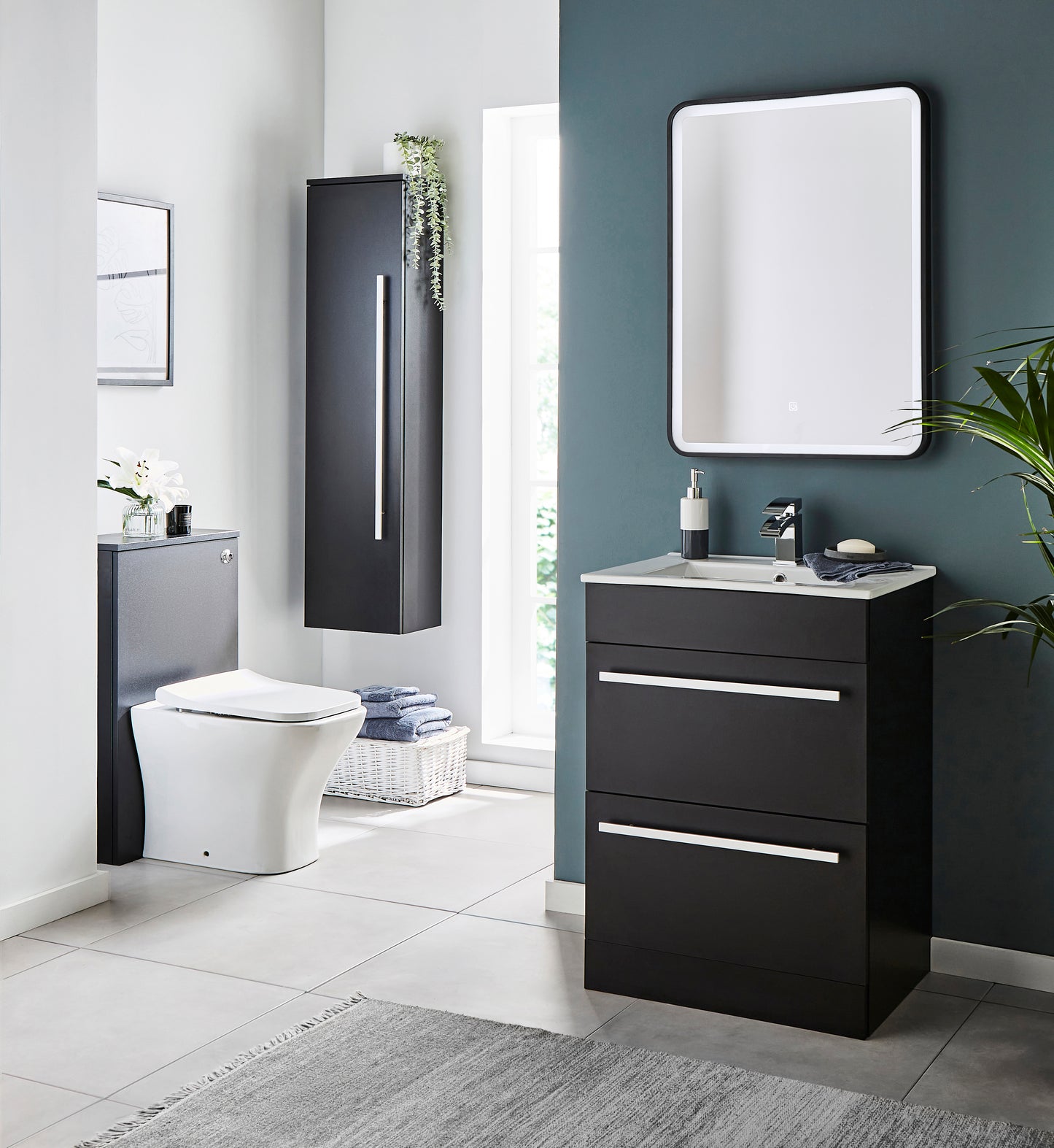 600mm Floor Standing 2 Drawer Unit & Ceramic Basin - Purity Nero