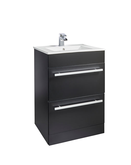 600mm Floor Standing 2 Drawer Unit & Ceramic Basin - Purity Nero