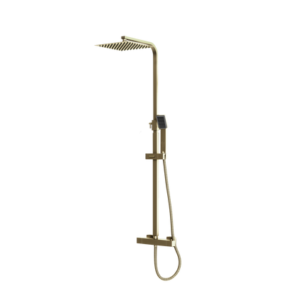 Scudo Elliot Square Brushed Brass Thermostatic Exposed Bar Shower with Ultra Slim Overhead Drencher and Sliding Handset