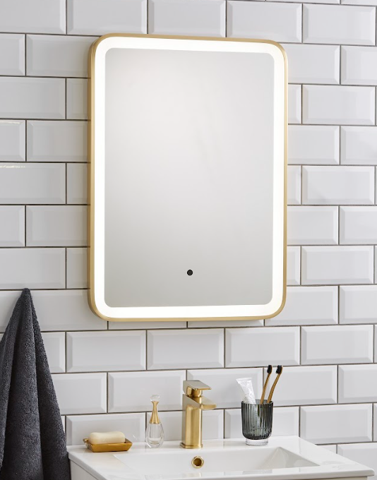 Ottone 500x700mm Square Led Mirror/ 3 Tone Ambient Lighting/Anti Fog Demister/Brushed Brass/Sensor Switch