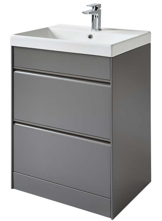 k Vit Moon 600mm Floor Standing 2 Drawer Unit & Ceramic Basin Matt Grey