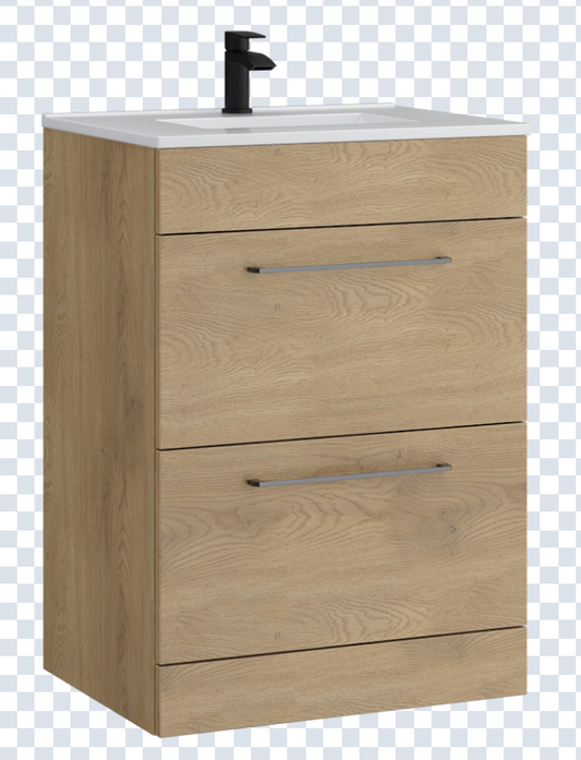K Vit Dove 600mm Floor Standing 2 Drawer Unit & Ceramic Basin Torro Oak