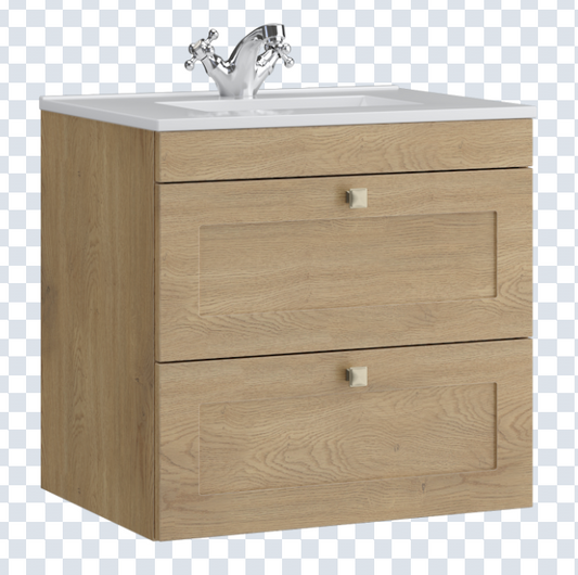 K Vit Sanctuary 600mm 2 Drawer Wall Hung Unit w Ceramic Basin Torro Oak