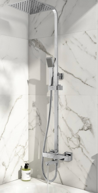 Scudo Block Chrome Square Rigid Riser Shower With Bath Filler