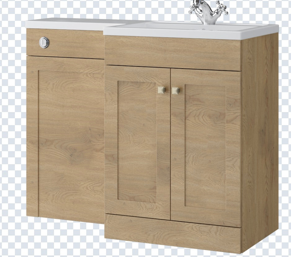 K Vit Sanctuary 1100mm L-Shaped Door Unit Furniture Pack Cistern Included Torro Oak