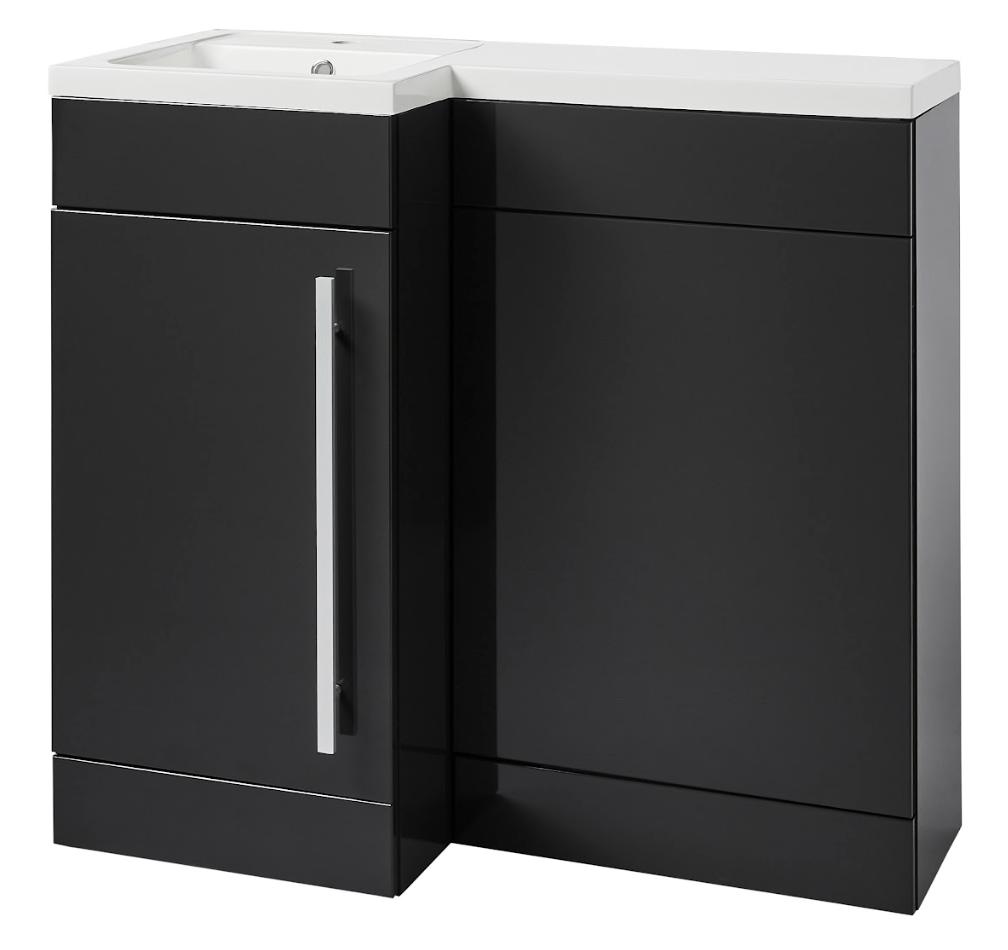 K Vit Matrix 900 Single Door L-Shaped Furniture Pack 900mm Cistern Included Storm Grey Gloss