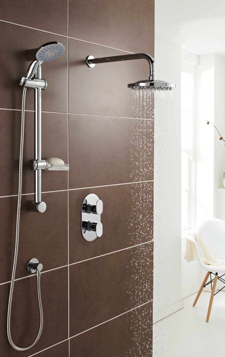 K Vit Logik Option 3  Thermostatic Concealed Shower with Adjustable Slide Rail Kit and Overhead Drencher