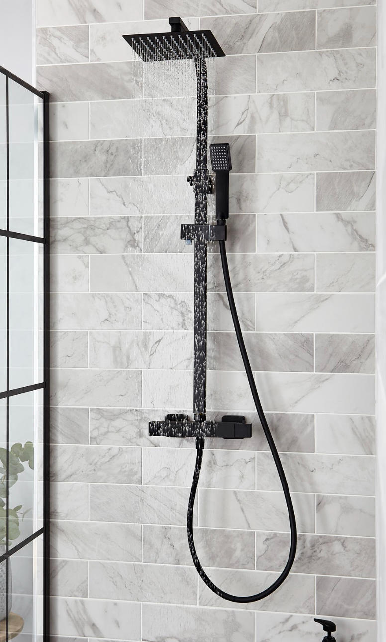 K Vit Nero Option 1 Square Thermostatic Exposed Bar Shower with Ultra Slim Overhead Drencher and Sliding Handset