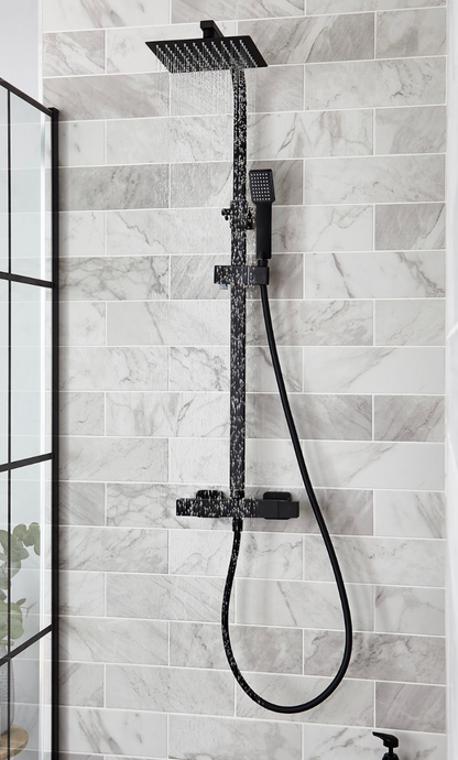 K Vit Nero Option 1 Square Thermostatic Exposed Bar Shower with Ultra Slim Overhead Drencher and Sliding Handset