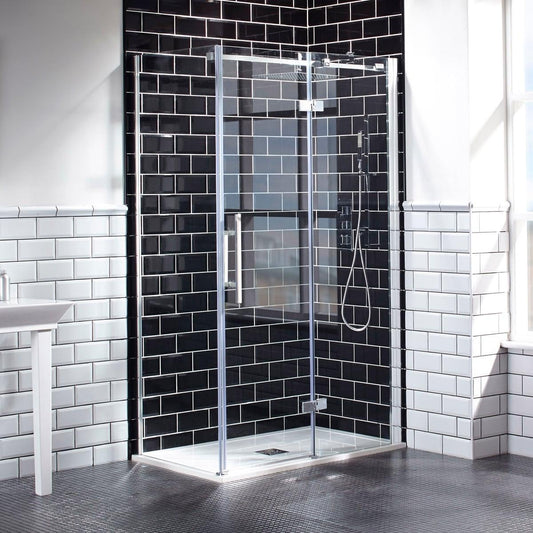 Aquaglass+ Elegance Hinged Inline Enclosure including side panel. 8mm