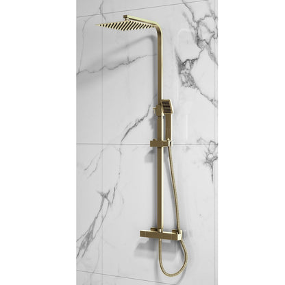 Scudo Elliot Square Brushed Brass Thermostatic Exposed Bar Shower with Ultra Slim Overhead Drencher and Sliding Handset