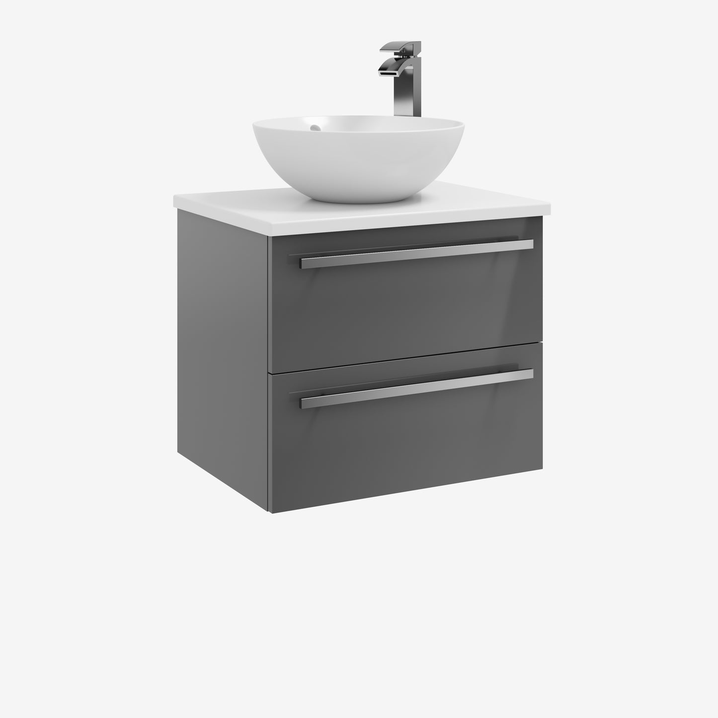 Purity 600mm Wall Mounted 2 Drawer Unit with Ceramic Worktop & Sit On Bowl - Gloss Grey. Excluding Tap