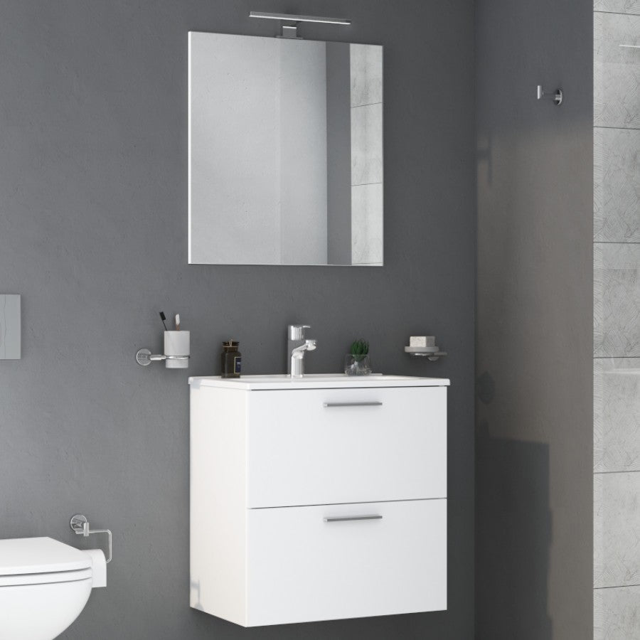 Mia 600mm 2 Drawer Wall Mounted Unit & Basin with Illuminated Mirror H620XW600XD390