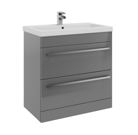 Purity 800mm Floor Standing 2 Drawer Unit & Mid Depth Ceramic Basin - Gloss Grey