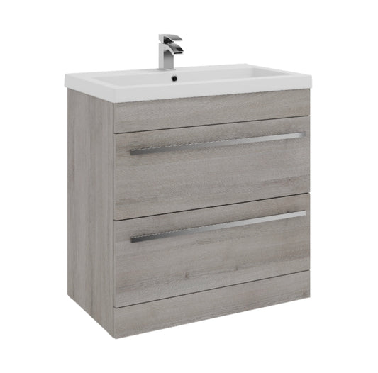 800mm Floor Standing 2 Drawer Unit & Mid Depth Ceramic Basin - Purity Silver Oak