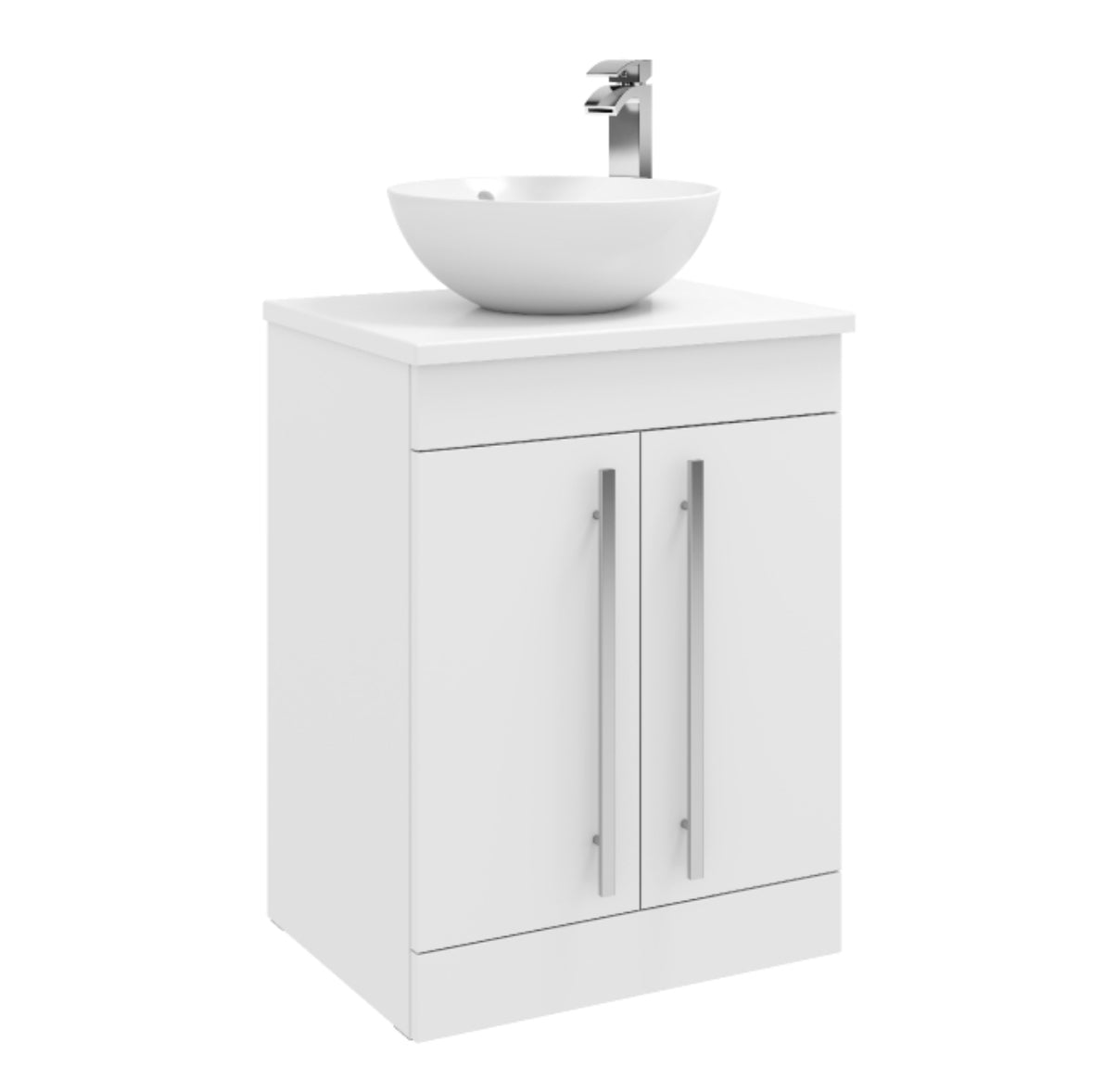 Purity 600mm Floor Standing 2 Door Unit with Ceramic Worktop & Sit On Bowl - White. Excluding Tap