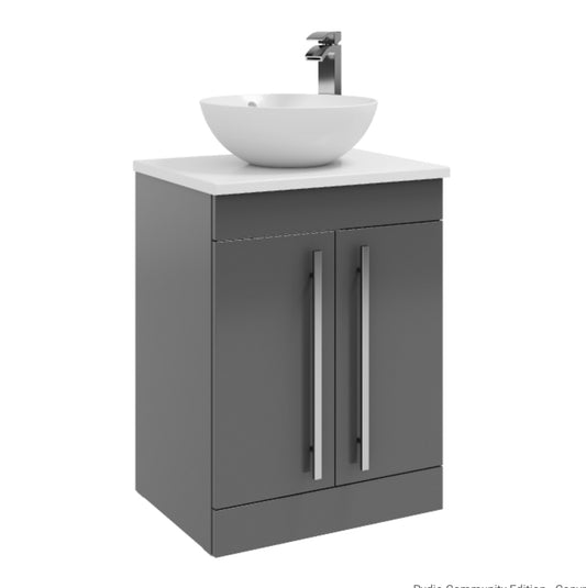 Purity 600mm Floor Standing 2 Door Unit with Ceramic Worktop & Sit On Bowl. Excluding Tap - Gloss Grey