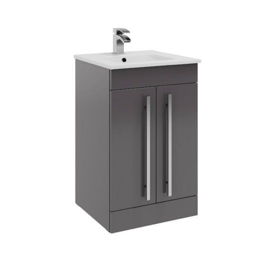 Purity 500mm Floor Standing 2 Door Unit & Ceramic Basin - Gloss Grey