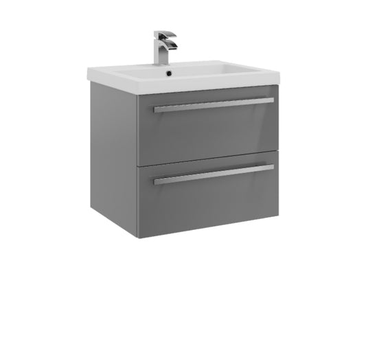 Purity 600mm Wall Mounted 2 Drawer Unit & Mid Depth Ceramic Basin - Gloss Grey