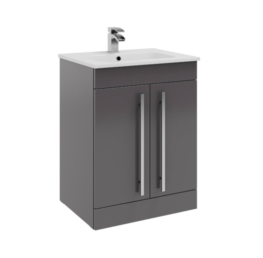 Purity 600mm Floor Standing 2 Door Unit & Ceramic Basin - Gloss Grey