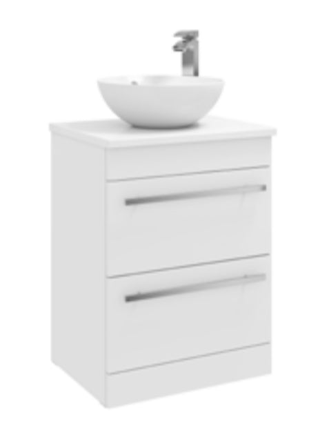 Purity 600mm Floor Standing 2 Drawer Unit with Ceramic Worktop & Sit On Bowl - White. Excluding Tap