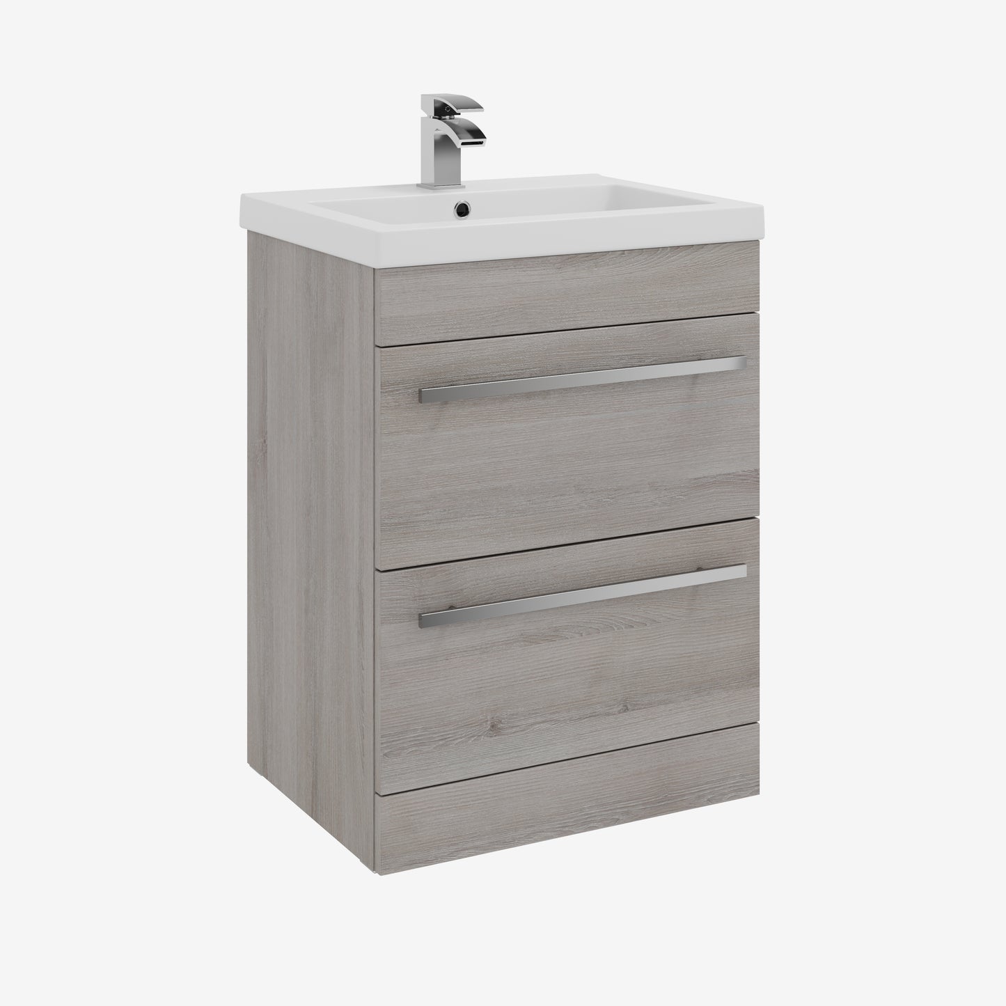 600mm Floor Standing 2 Drawer Unit & Mid Depth Ceramic Basin - Purity Silver Oak